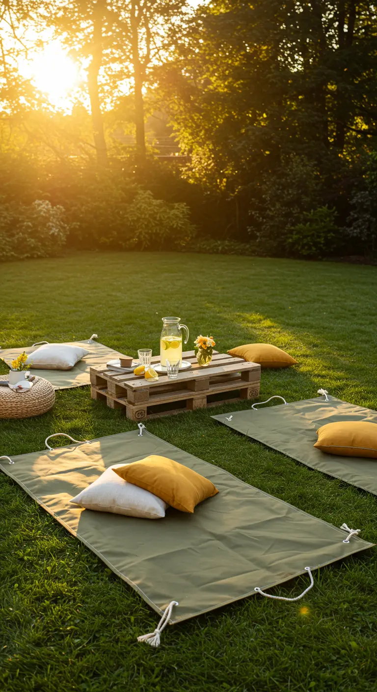 Olivgrüne Loungematten auf einer Wiese bei Sonnenuntergang.