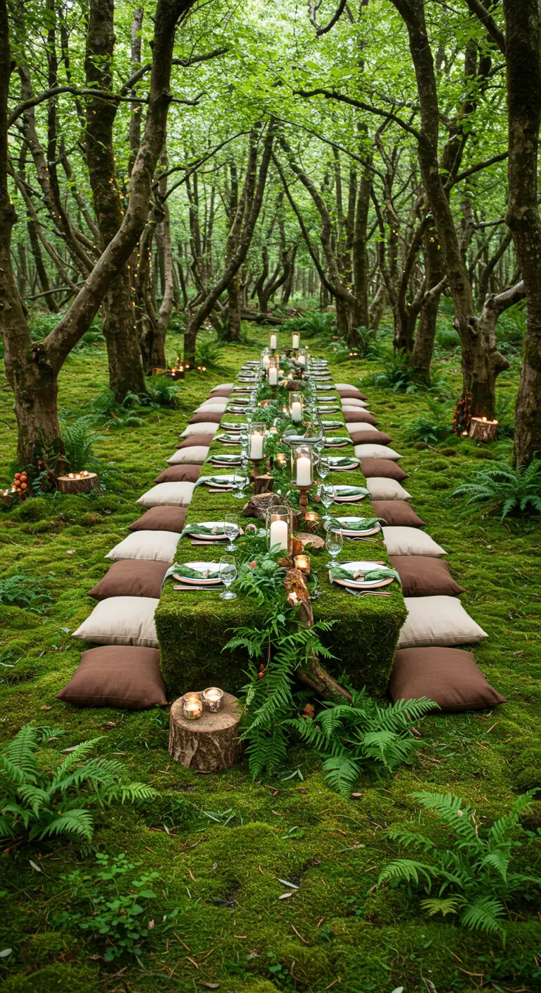 Lange, moosbedeckte Tafel mit Kissen als Sitze auf dem Waldboden