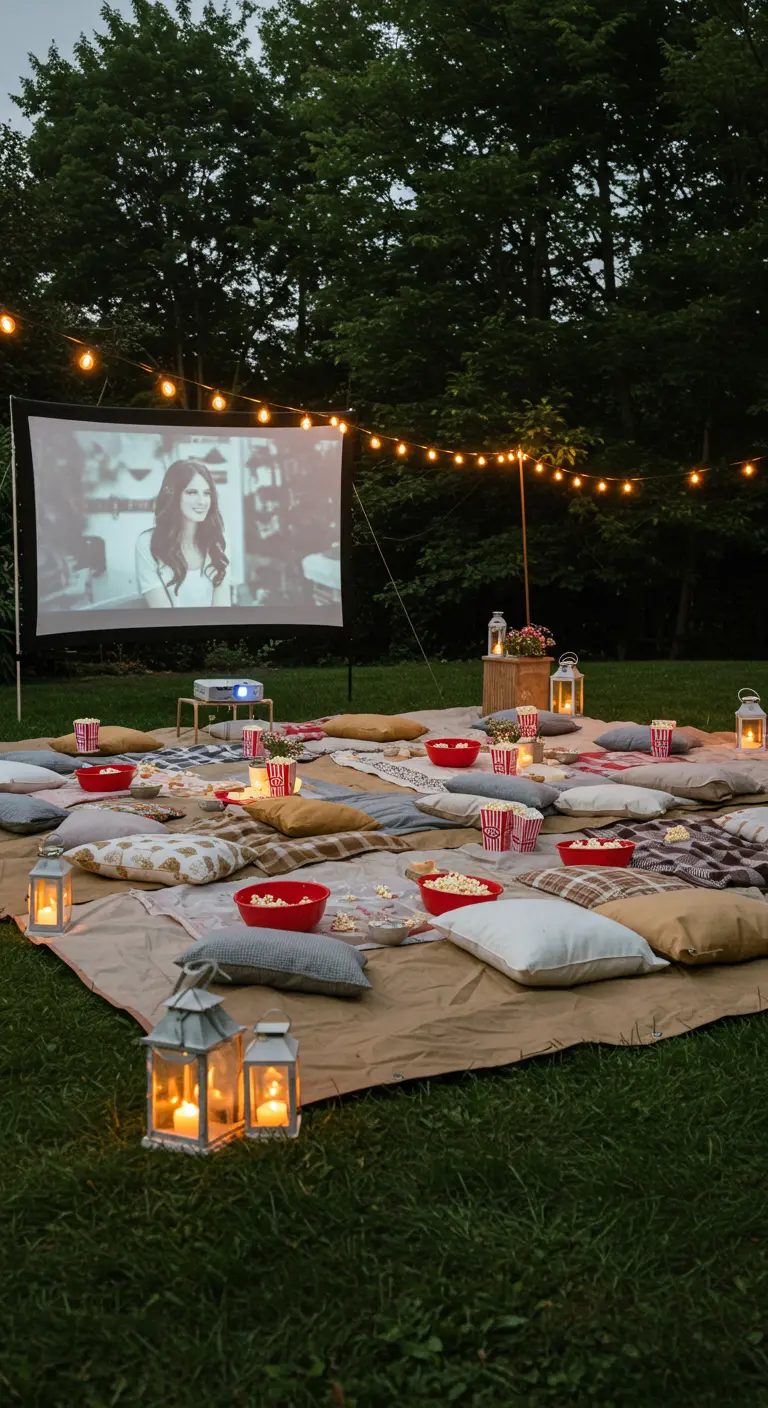 Eine riesige Segeltuchdecke mit Kissen für ein Outdoor-Kino im Garten.