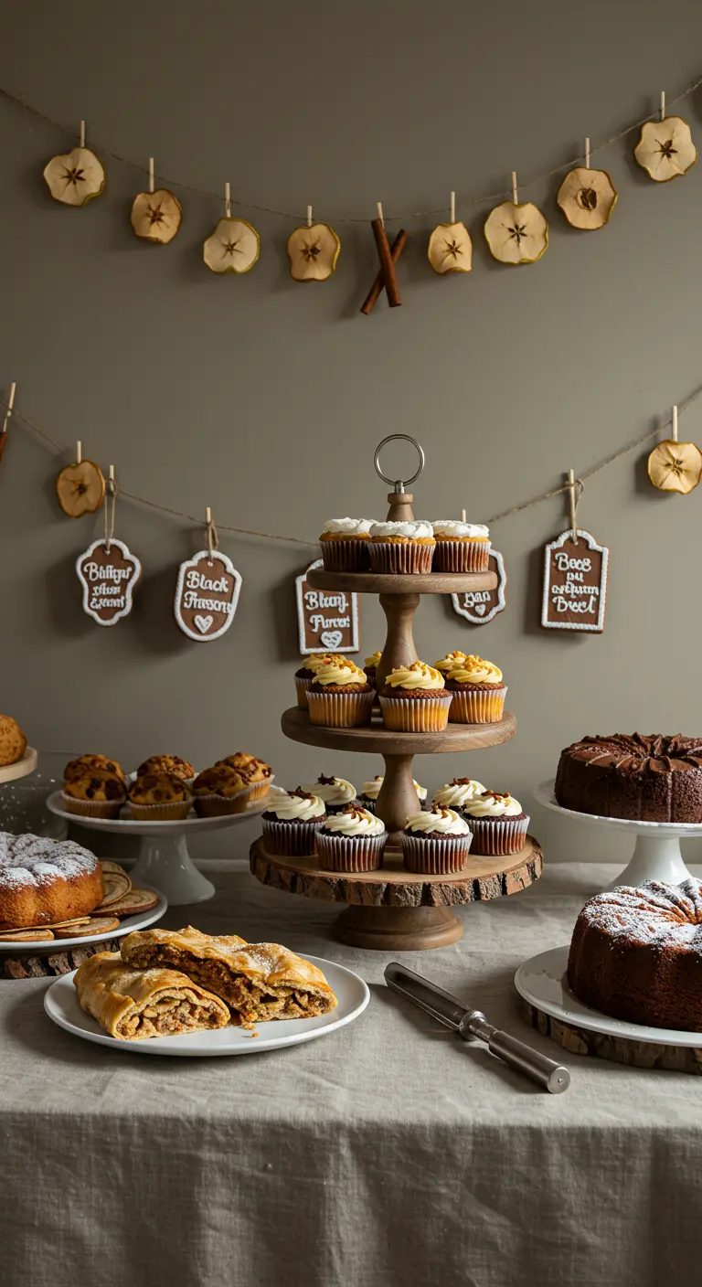 Herbstliches Dessertbuffet mit Apfelstrudel, Kuchen und einer Girlande aus getrockneten Apfelscheiben.