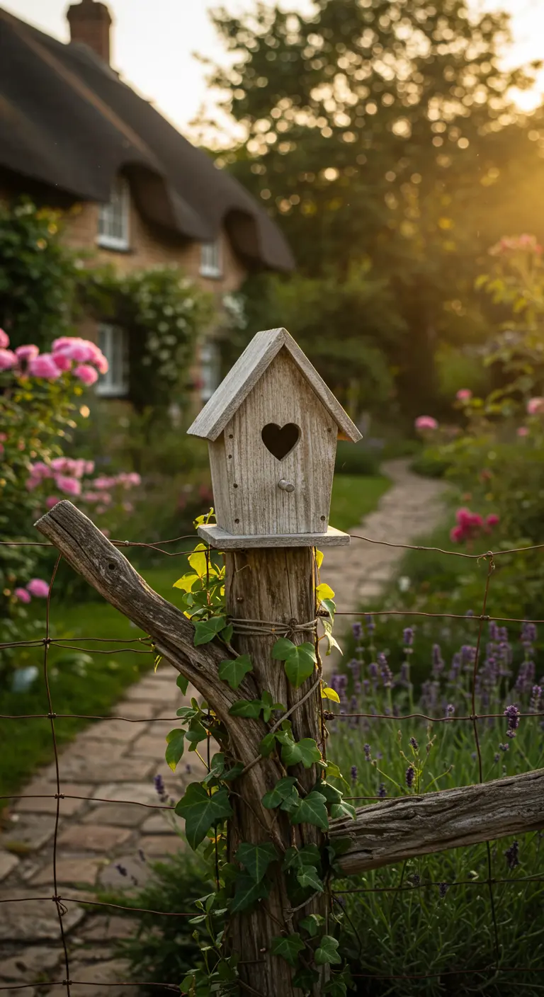 Ein Holzvogelhaus mit herzförmigem Loch auf einem Holzzaun in einem blühenden Cottage-Garten.