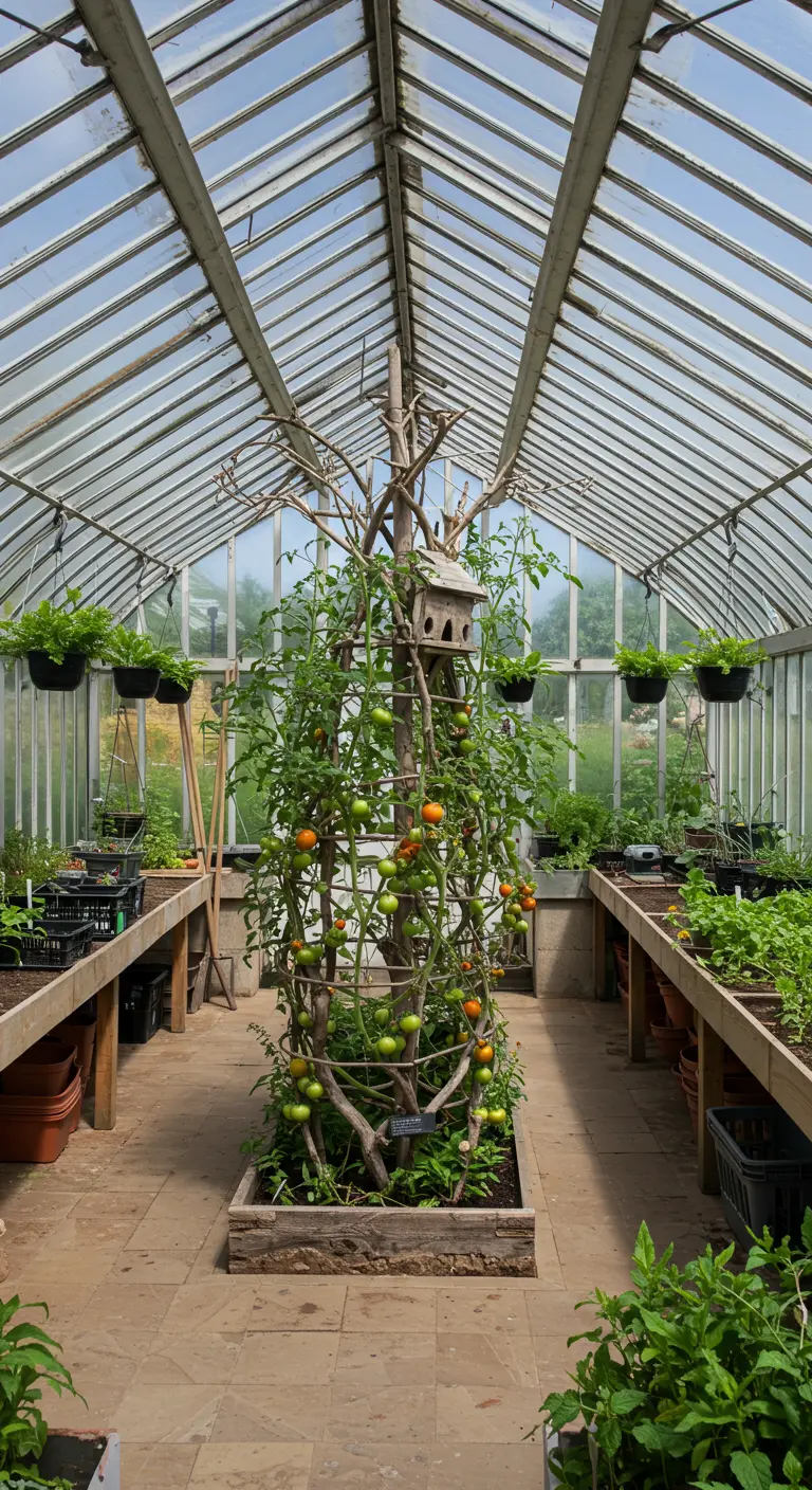 Hohe Treibholz-Rankhilfe für Tomaten in der Mitte eines großen Gewächshauses.