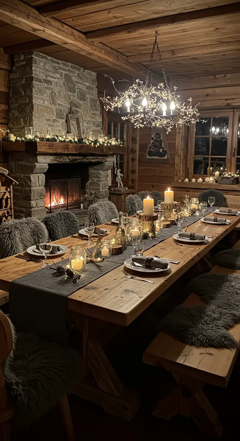 Langer Holztisch mit Kerzen, Fellauflagen und Steinkamin in einer Hütte.