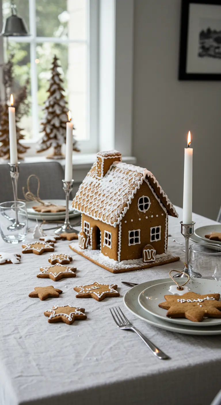 Ein Lebkuchenhaus als Mittelpunkt der festlichen Tischdekoration.