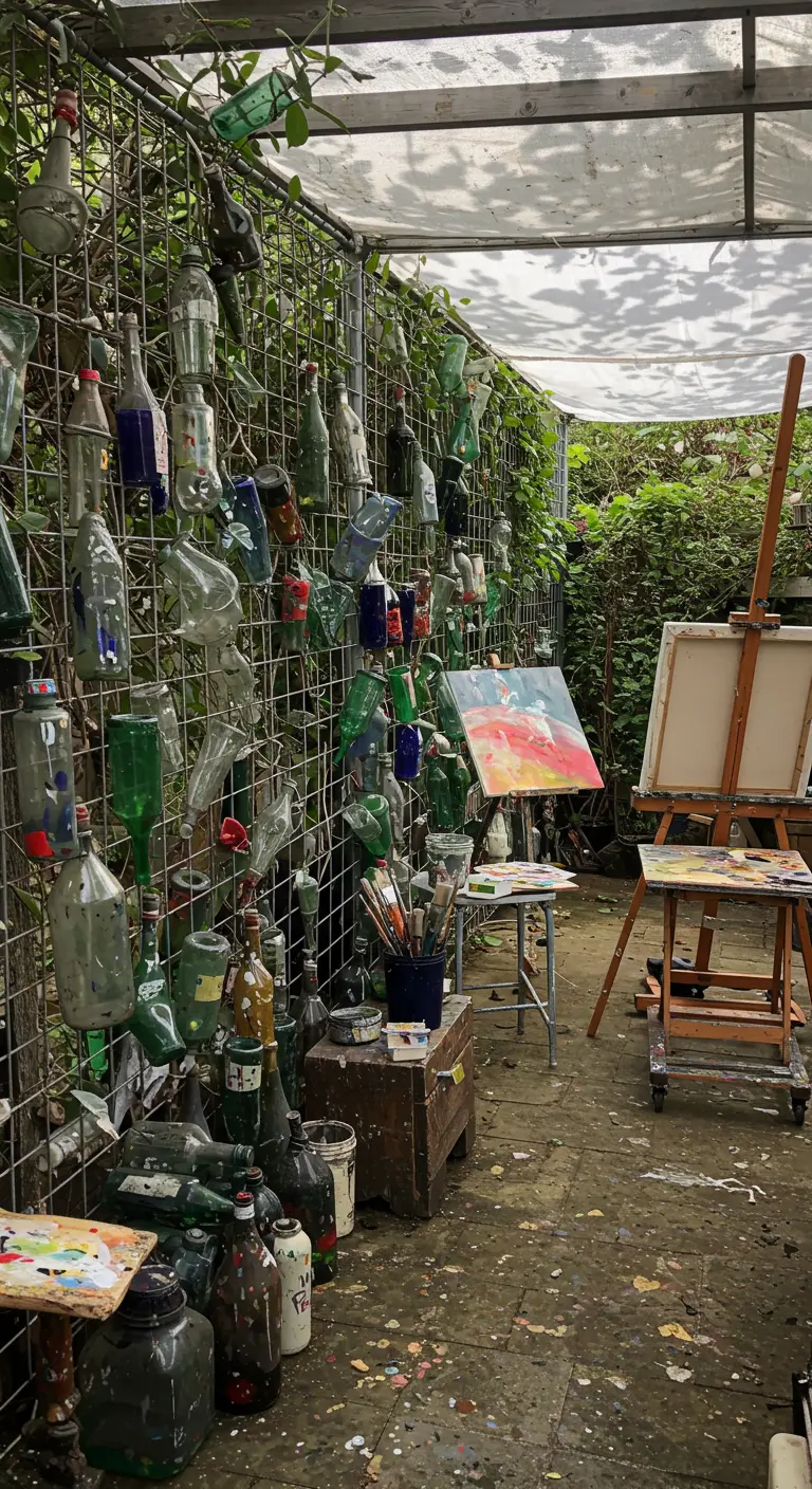 Ein Outdoor-Künstleratelier mit einer Wand aus Maschendraht, an der unzählige verschiedene Flaschen hängen.