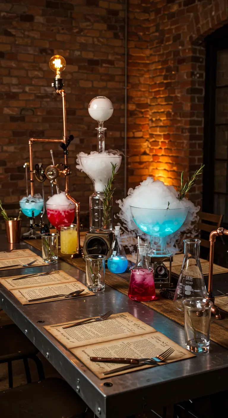 Eine Cocktail-Bar im Steampunk-Stil mit Kupferrohren, rauchenden Bechergläsern und Industrie-Lampen.
