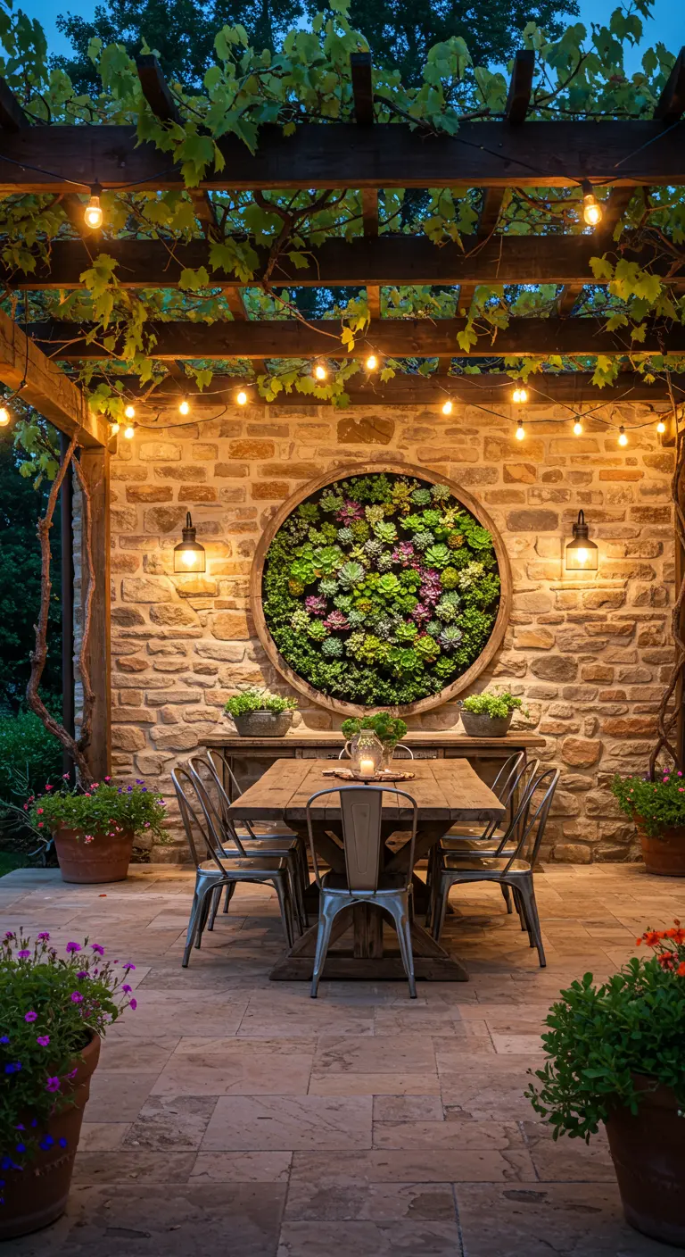 Ein großer runder Sukkulentengarten hängt an einer Steinwand über einem Holztisch.