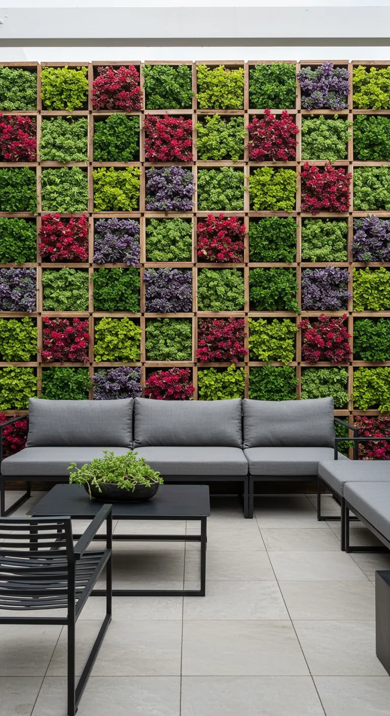 Eine große, gitterförmige Pflanzenwand mit abwechselnd roten, lila und grünen Pflanzen.