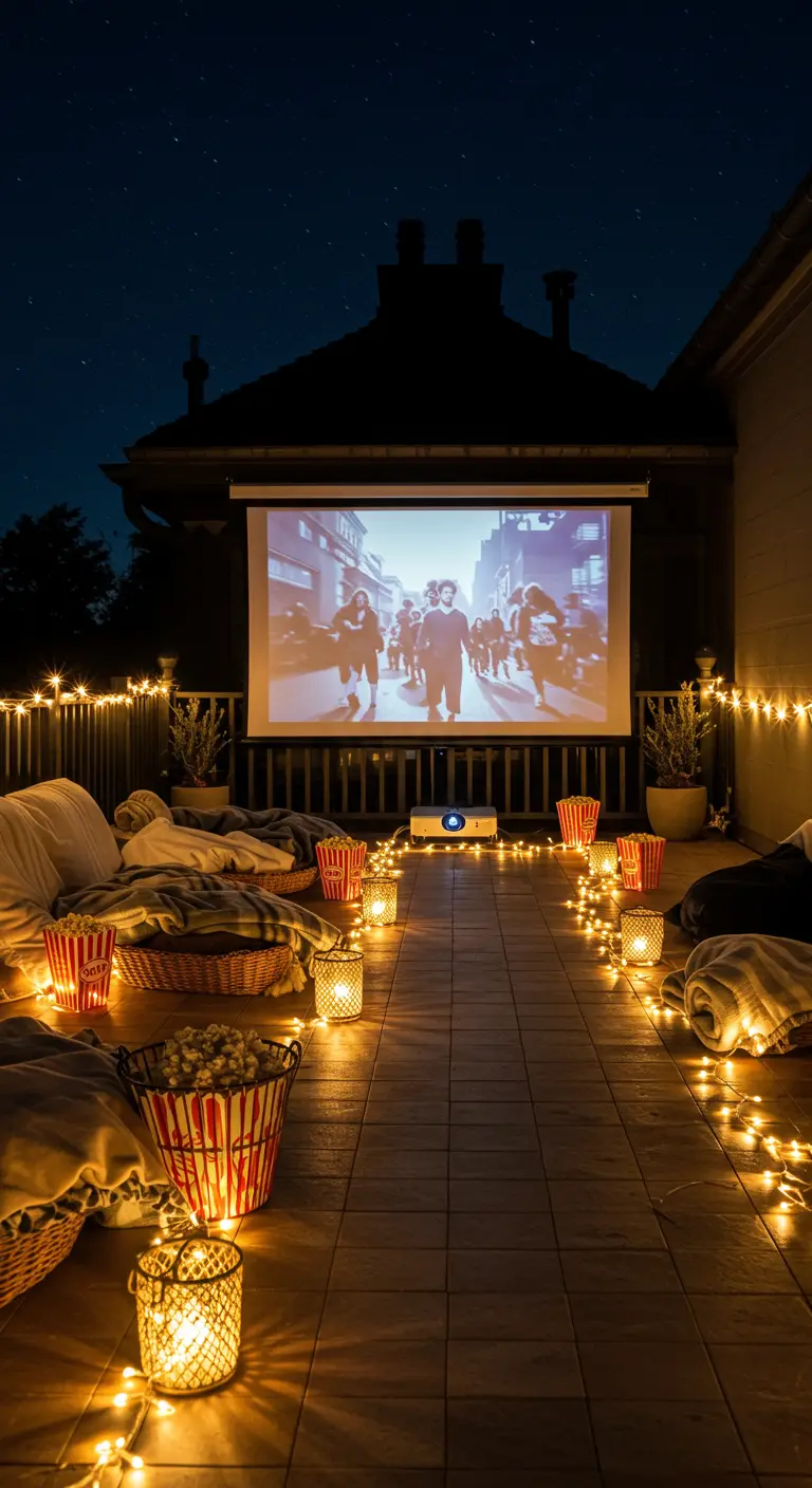 Terrasse, die als Freiluftkino mit Leinwand und Popcorn eingerichtet ist, umrahmt von Lichtern
