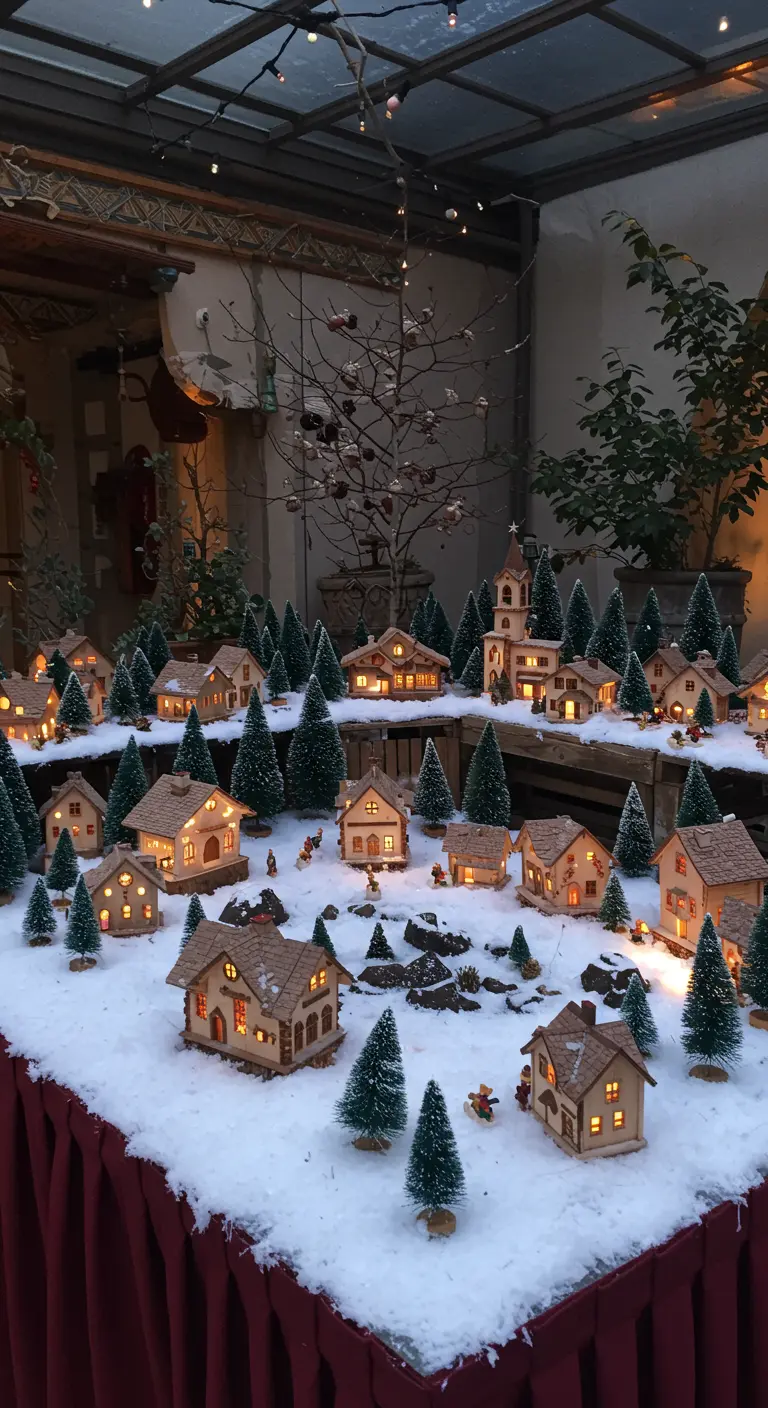 Ein detailreiches, beleuchtetes Miniatur-Weihnachtsdorf auf einem mit Kunstschnee bedeckten Tisch.