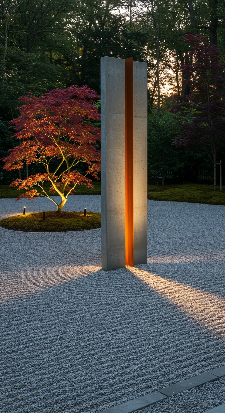 Beleuchtete Beton-Roststahl-Stele in einem geharkten Zen-Garten bei Dämmerung.