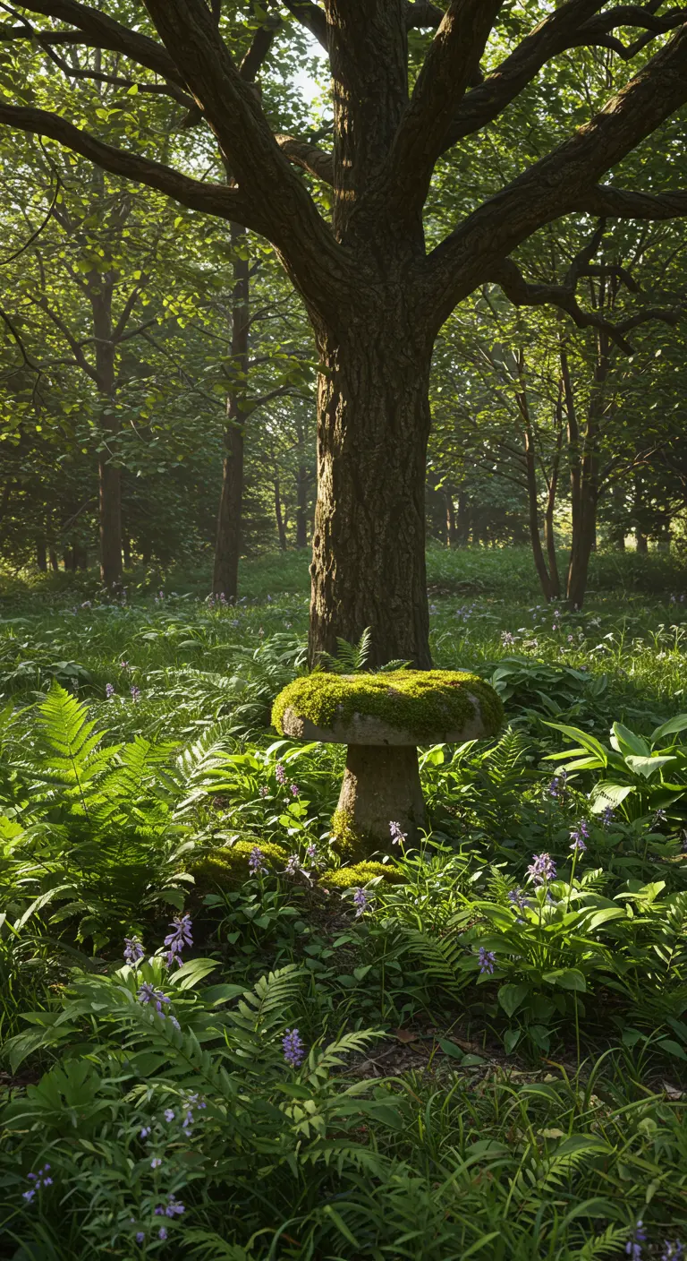 Ein einzelner, moosbewachsener Beton-Pilzhocker unter einem Baum im Wald.