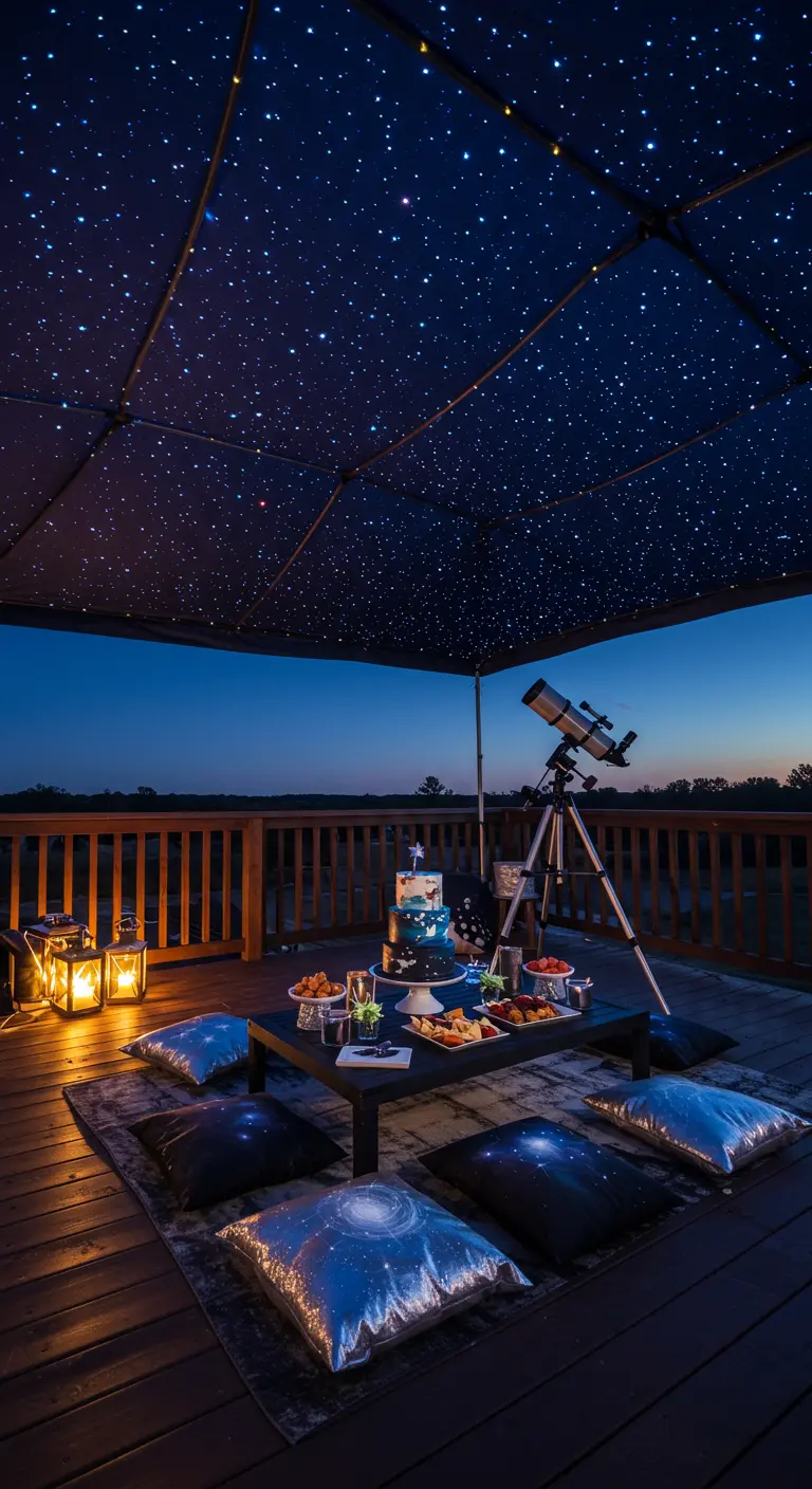 Terrasse bei Nacht mit einem Teleskop und einem leuchtenden Sternenhimmel-Sonnenschirm.