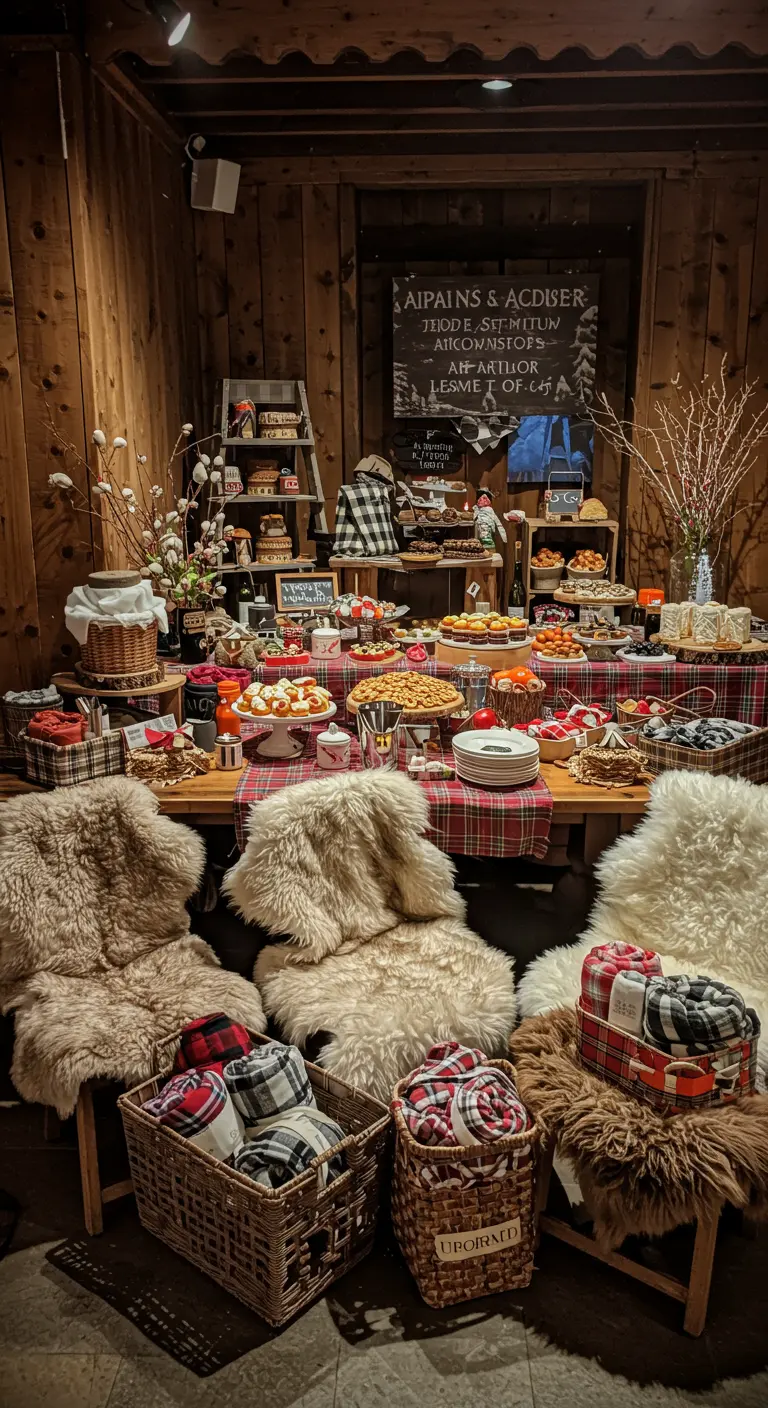 Ein reichhaltiges Buffet in einer Holzhütte mit karierten Stoffen und Lammfellen.