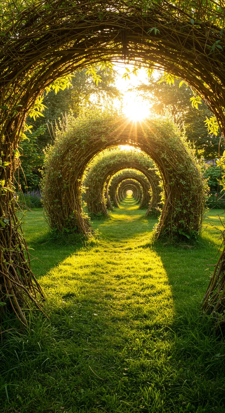 Eine Reihe von perfekt runden, grünen Weidentunneln bei Sonnenuntergang.