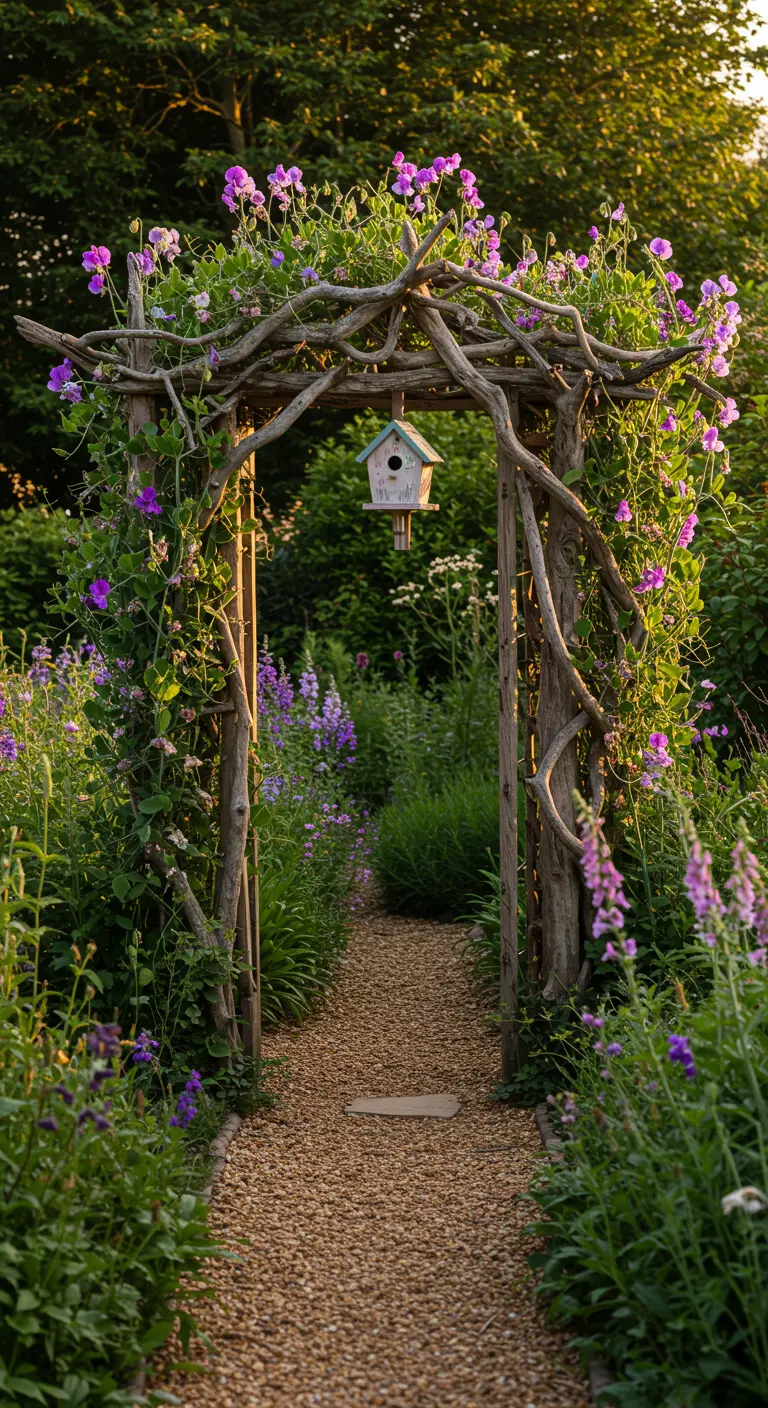 Einladender Gartenbogen aus Treibholz, bewachsen mit lila Blumen und Vogelhaus.