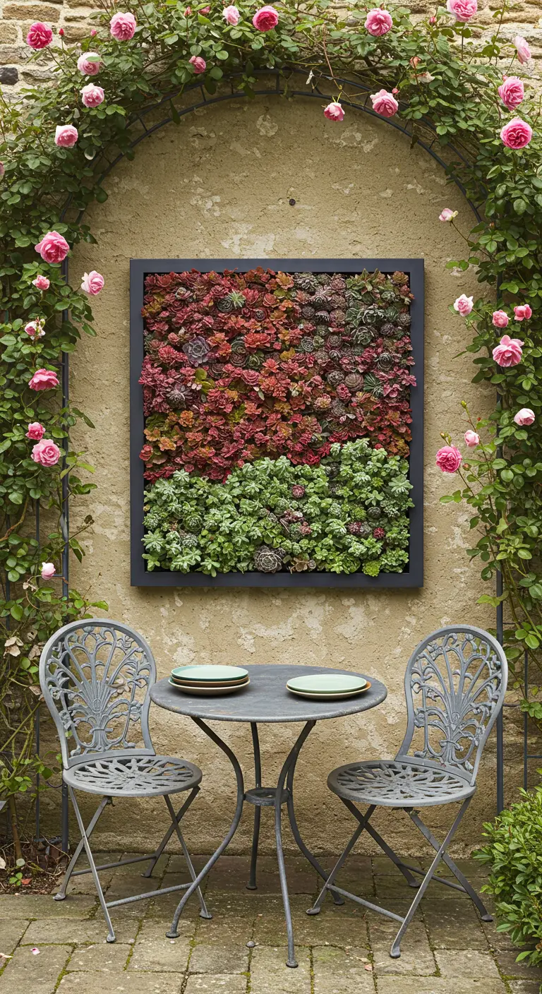 Ein quadratischer Sukkulenten-Rahmen an einer Wand, umgeben von einem blühenden Rosenbogen.