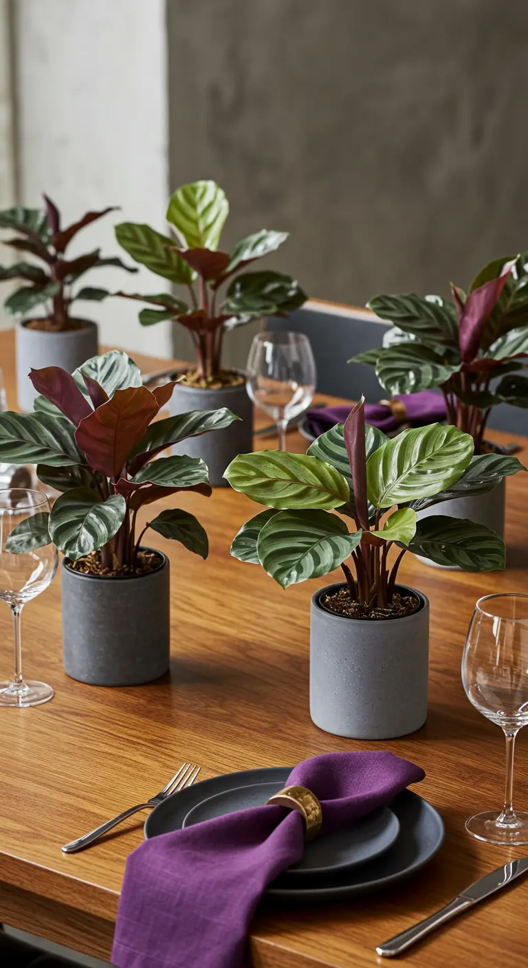 Tischdeko mit Calathea-Pflanzen in grauen Töpfen und lila Stoffservietten.