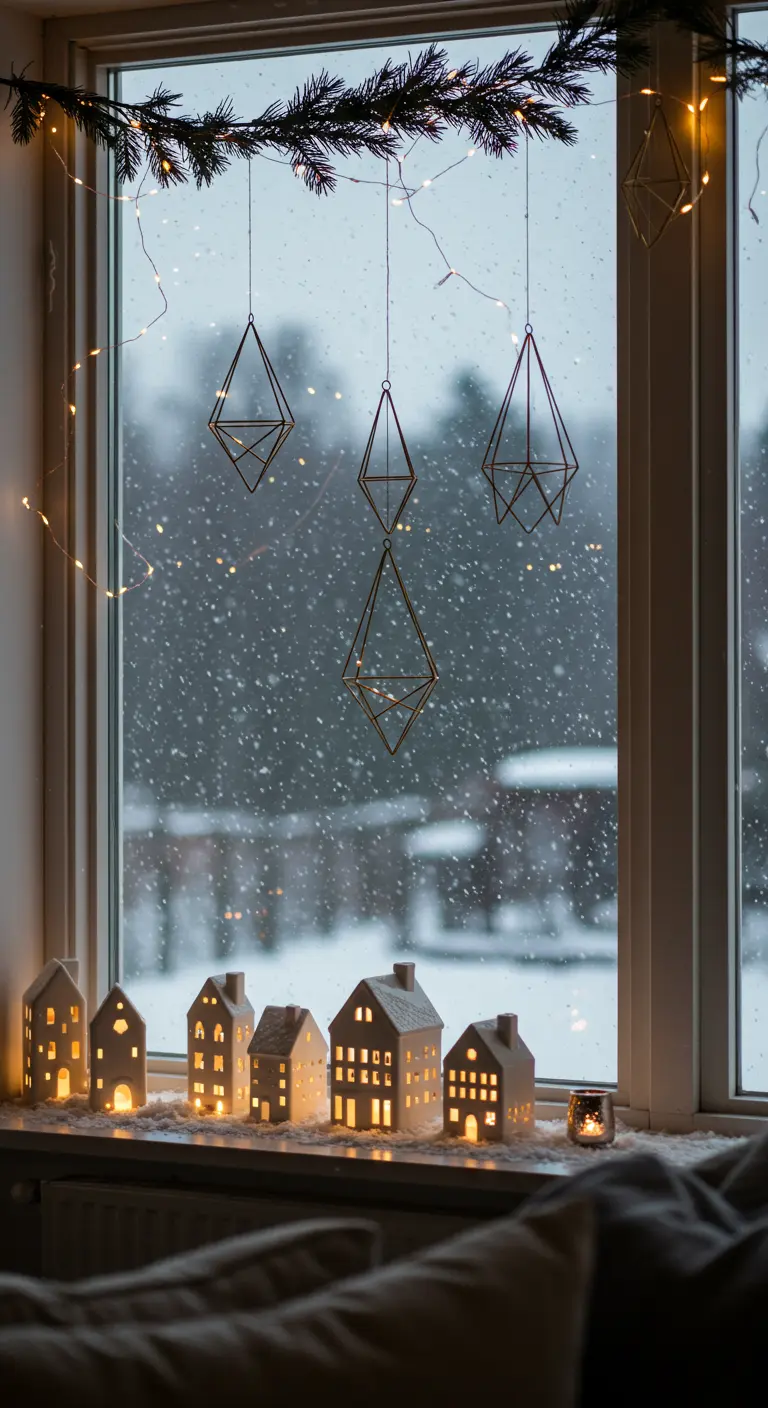 Fensterbank mit leuchtenden Keramikhäusern und hängenden geometrischen Messing-Ornamenten.