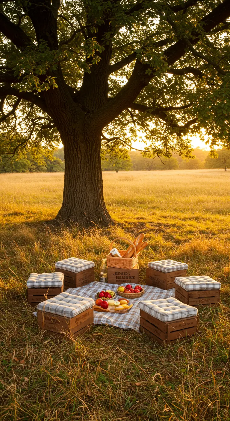 Weinkisten-Hocker mit karierten Kissen um eine Picknickdecke unter einem Baum.