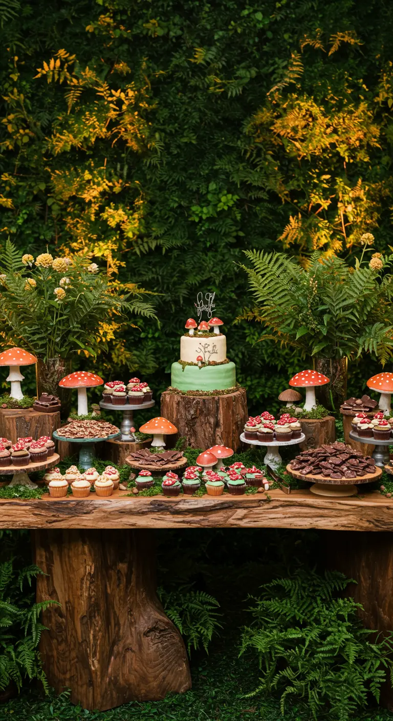 Desserttisch im Wald mit Kuchen, Cupcakes und Fliegenpilz-Dekorationen