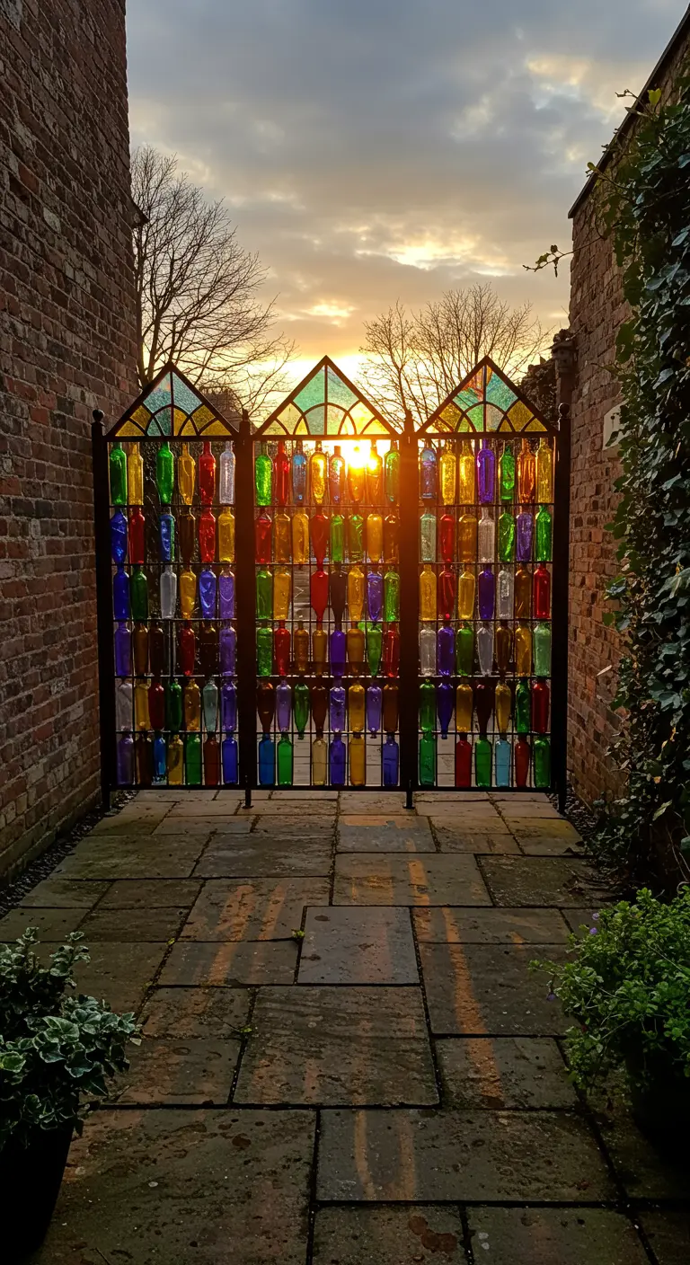 Ein Gartentor aus einem Metallrahmen, gefüllt mit bunten Glasstücken wie ein Kirchenfenster.