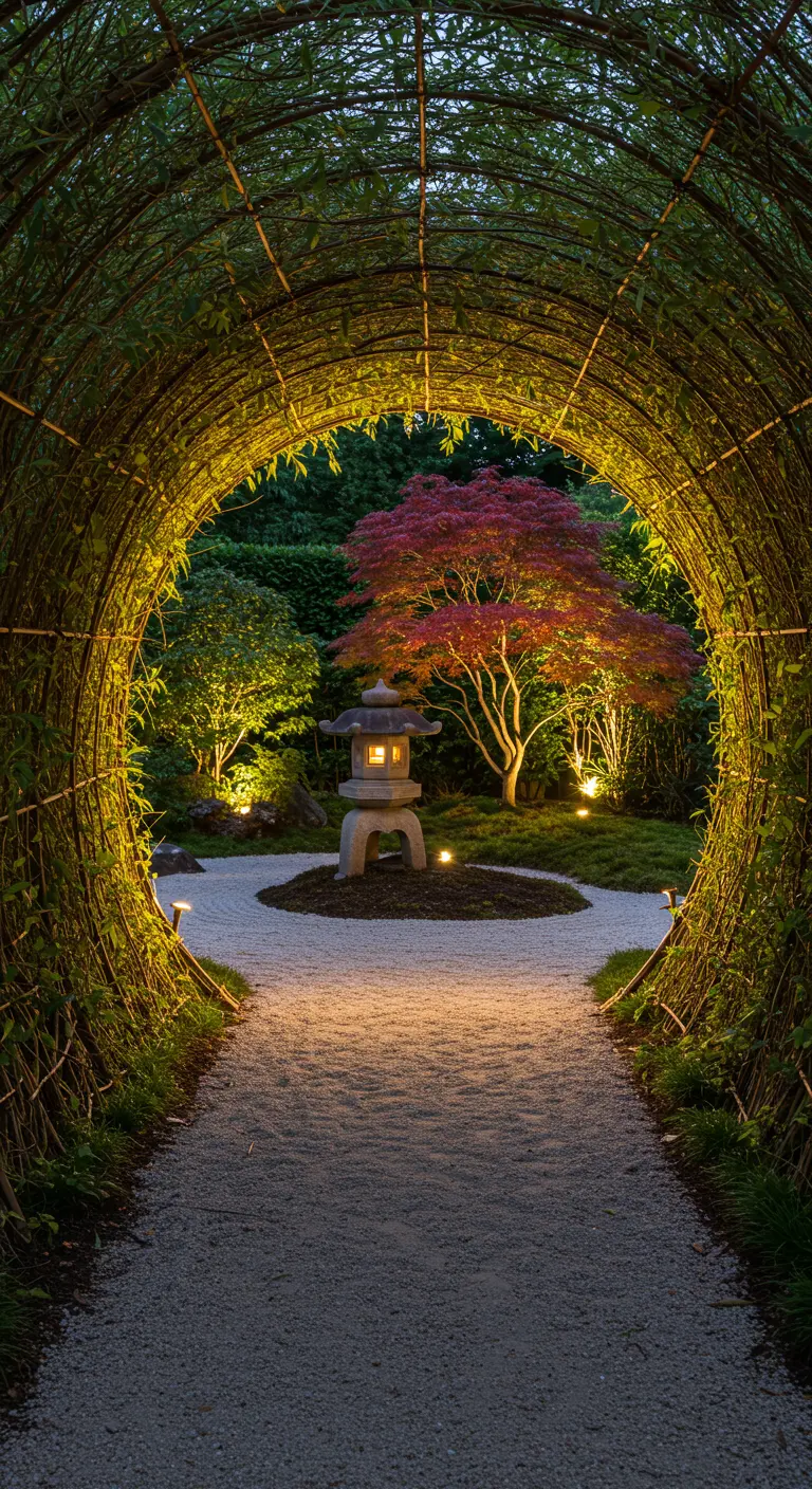 Blick durch einen beleuchteten Weidentunnel auf eine japanische Steinlaterne.