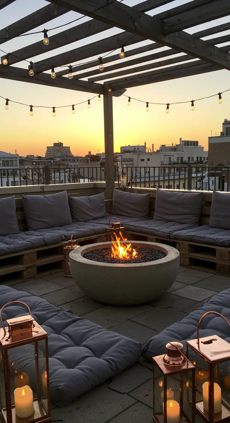 Dachterrasse mit Palettensofas um eine Beton-Feuerschale, dekoriert mit Kupferlaternen