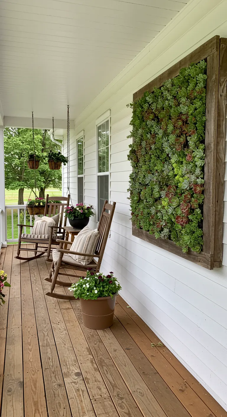 Ein sehr großer, rechteckiger Sukkulenten-Rahmen an der weißen Wand einer Veranda.