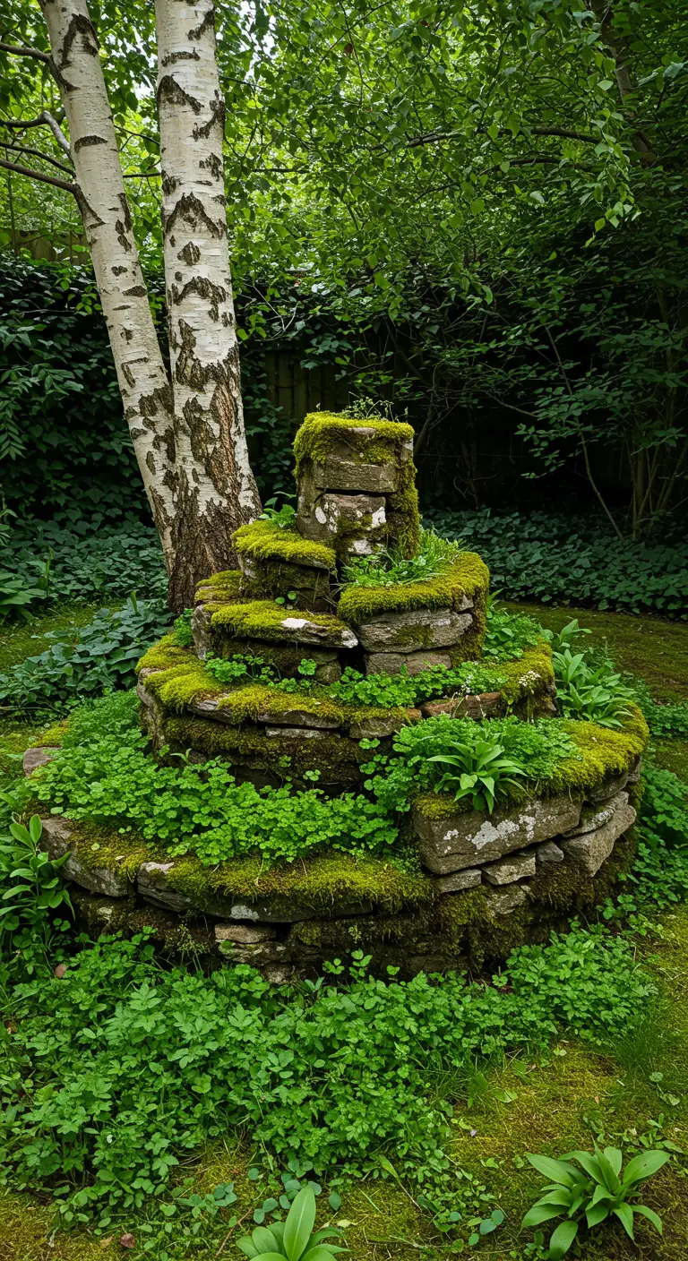 Alte, moosbewachsene Steinkräuterspirale unter einem Baum in einem naturbelassenen Garten.