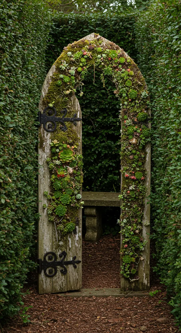 Ein alter Holztorbogen, der über und über mit Moos und Sukkulenten bewachsen ist.