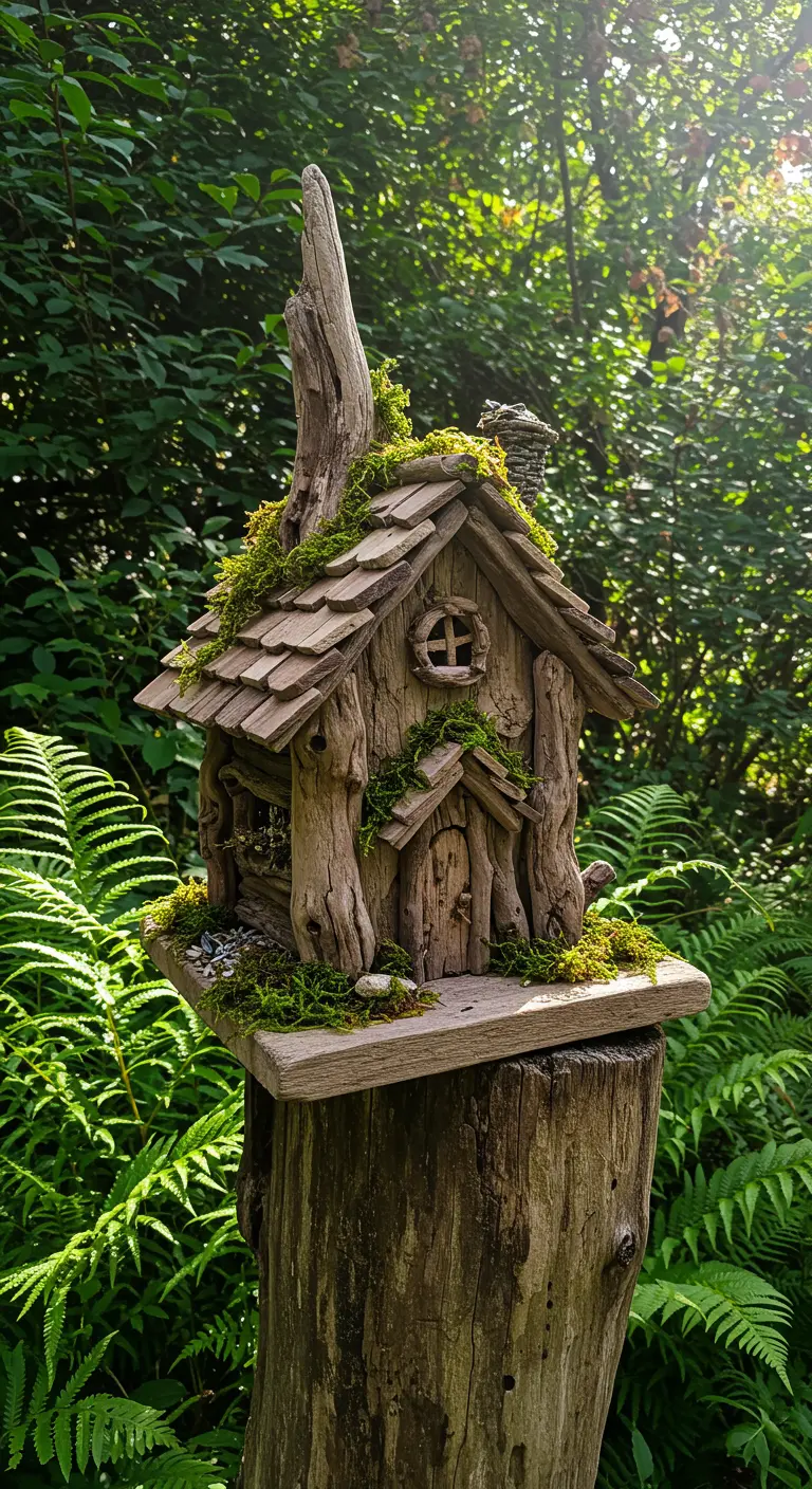 Verwunschenes Vogelhaus aus Treibholz und Moos auf einem Baumstumpf.
