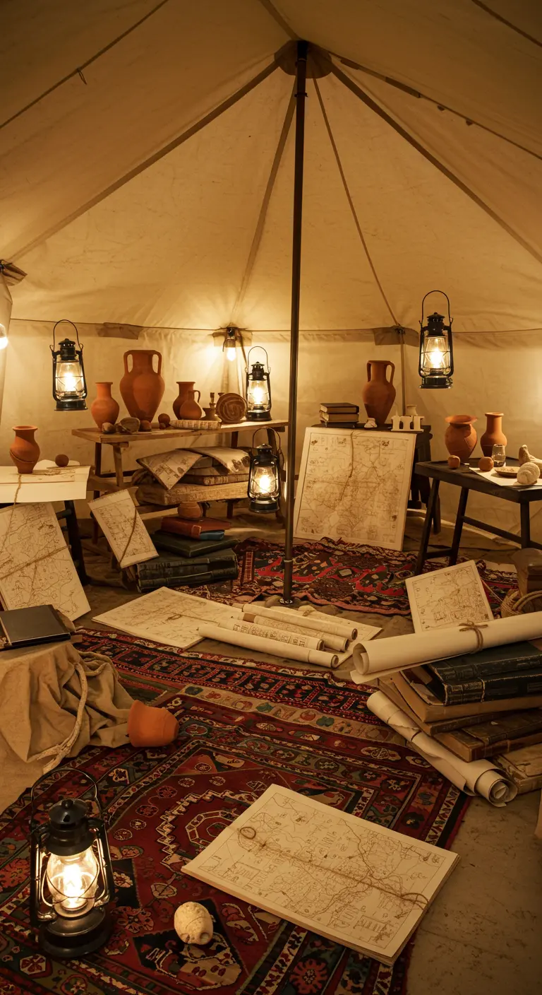 Stimmungsvoll beleuchtetes Zelt mit Teppichen, Karten und archäologischen Funden.