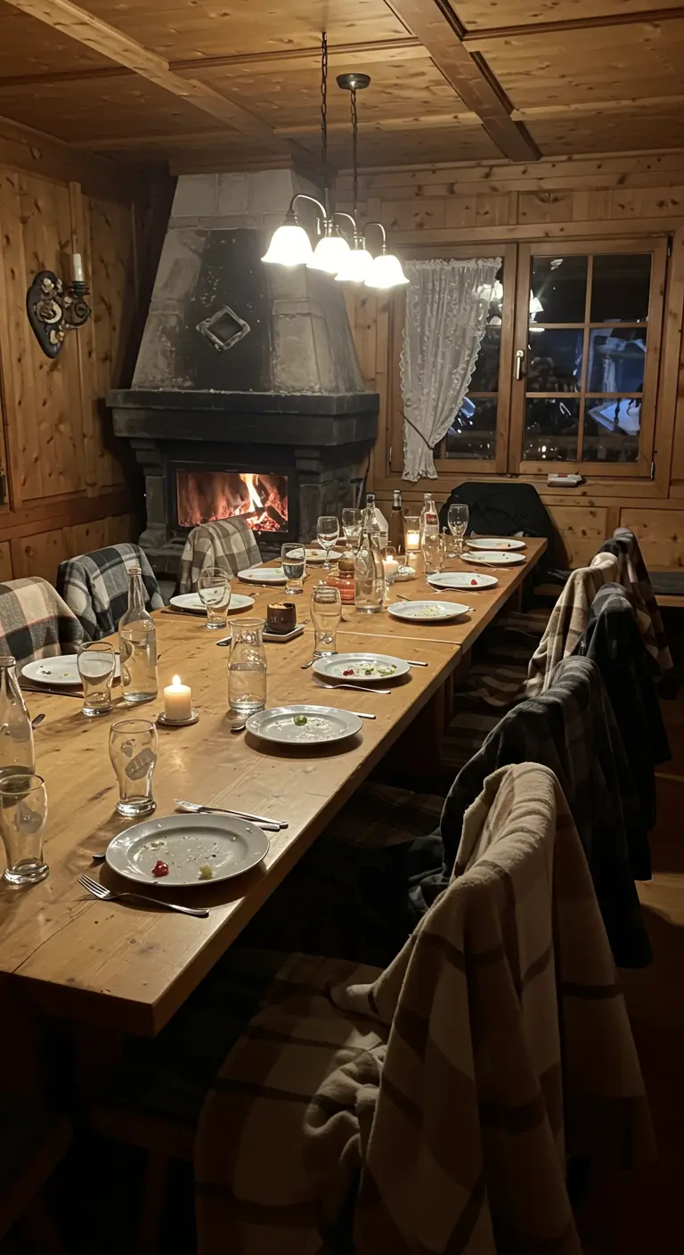 Langer Esstisch in einer Hütte, Stühle sind mit karierten Wolldecken behängt.