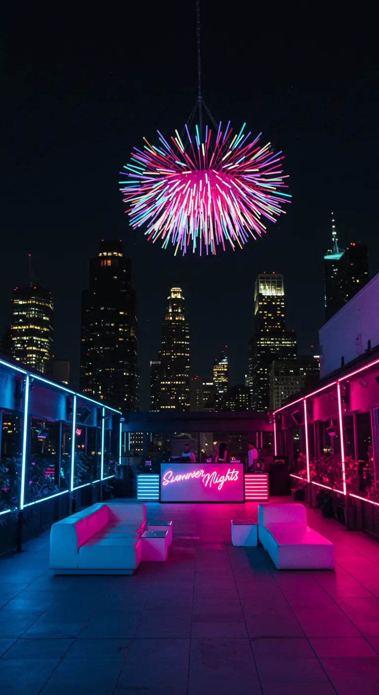 Eine leuchtende Installation im Stil eines Feuerwerks hängt über einer Rooftop-Bar.