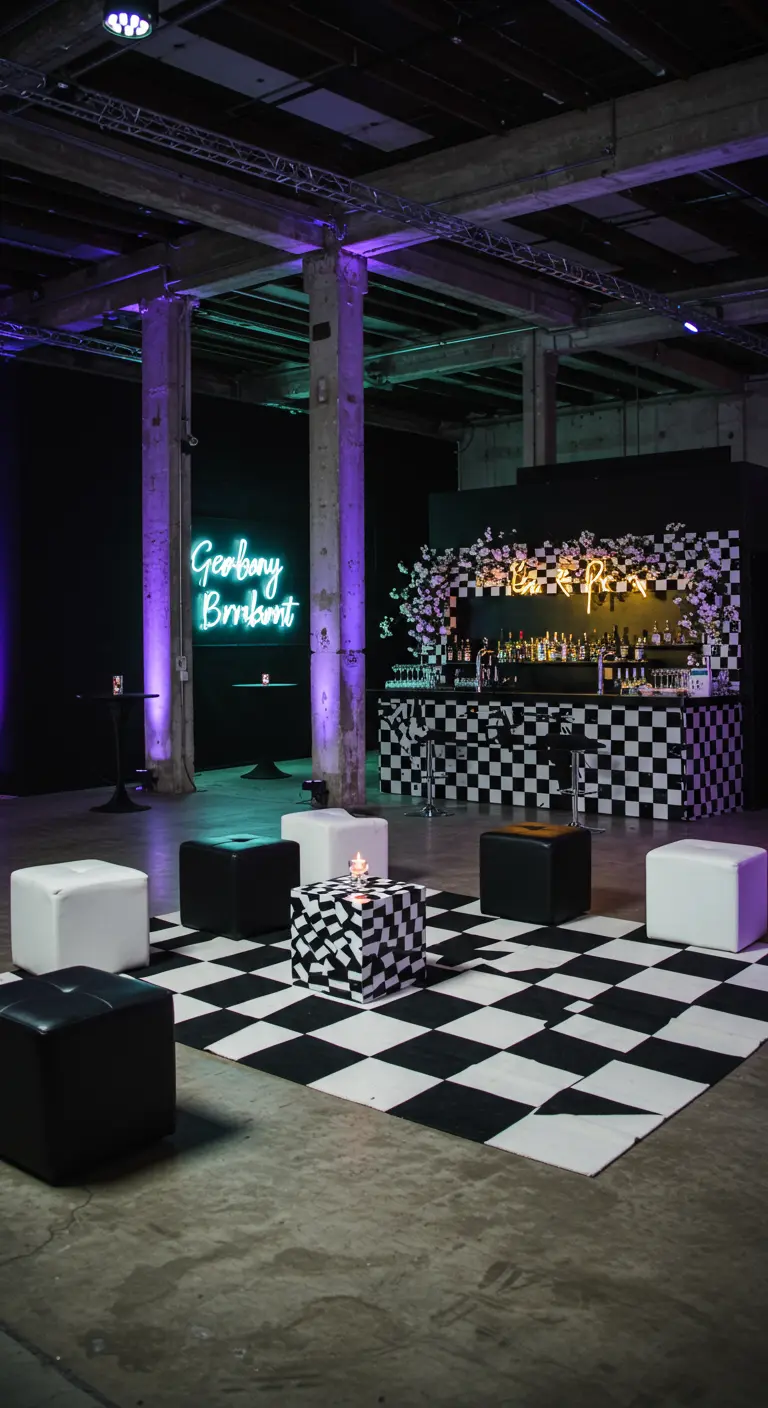 Party-Lounge mit Schachbrett-Teppich, Sitzwürfeln und einer Bar mit Schachbrettmuster im Hintergrund