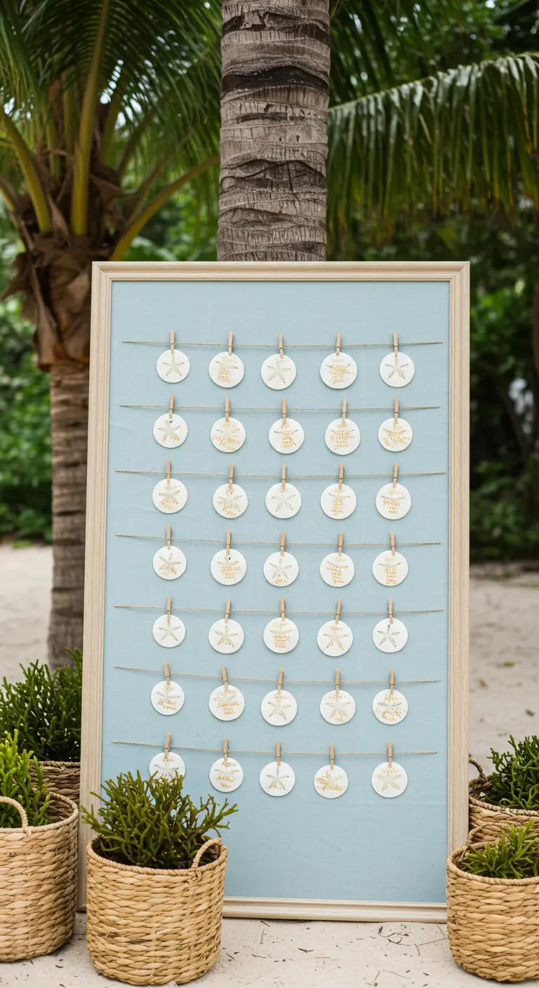 Sitzplan für eine Strandhochzeit mit Sanddollars, die an Schnüren hängen.