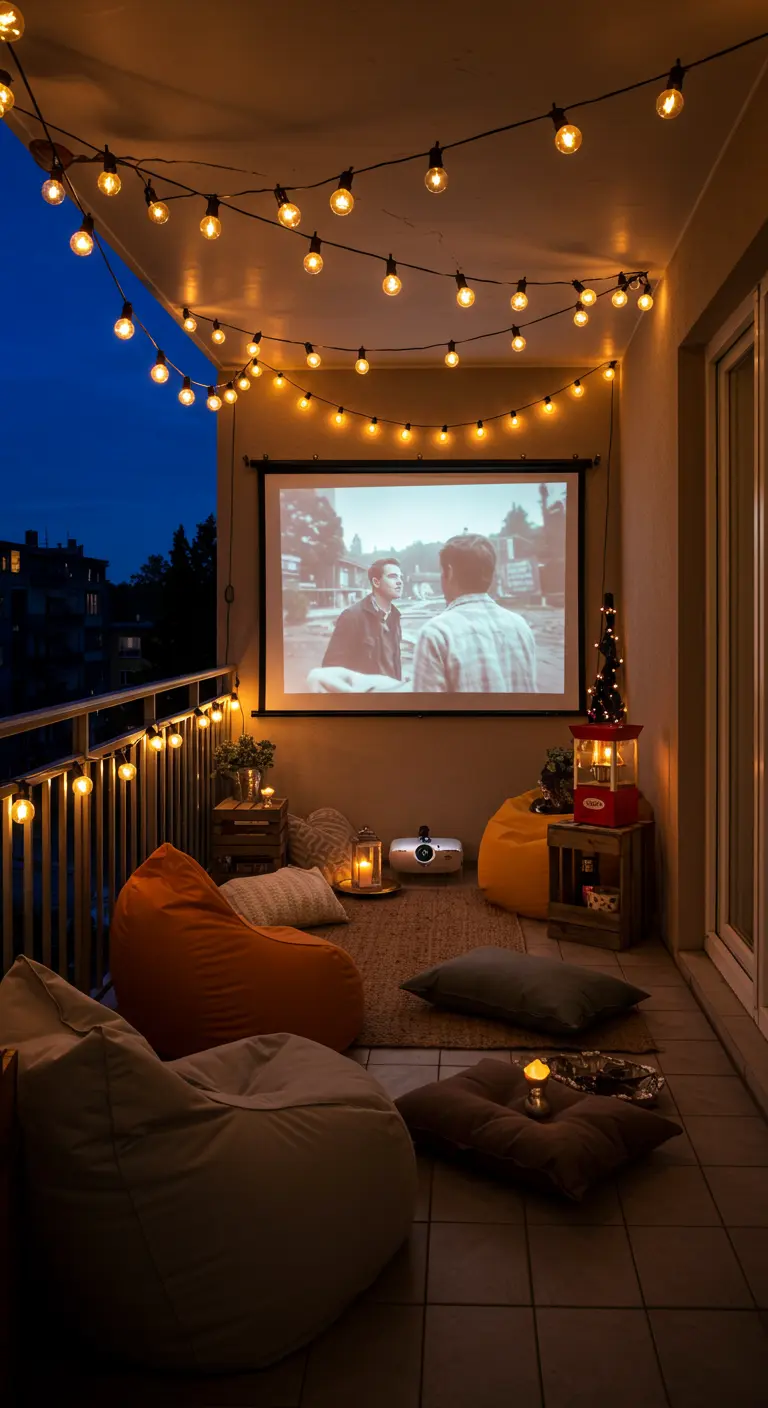 Balkon als Open-Air-Kino mit Leinwand, Projektor und gemütlichen Sitzsäcken.