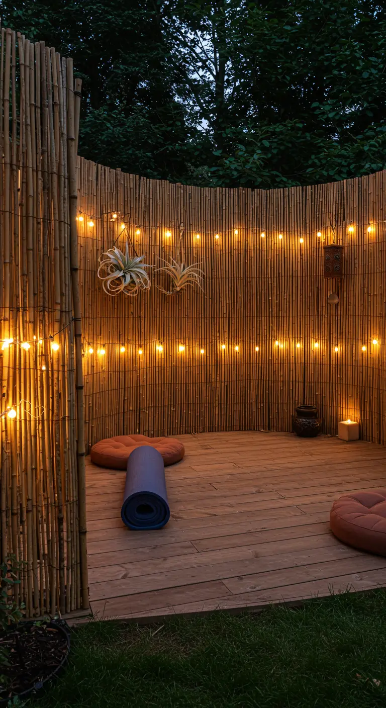 Von einer Bambuswand umschlossenes Holzdeck mit einer Yogamatte und Bodenkissen.