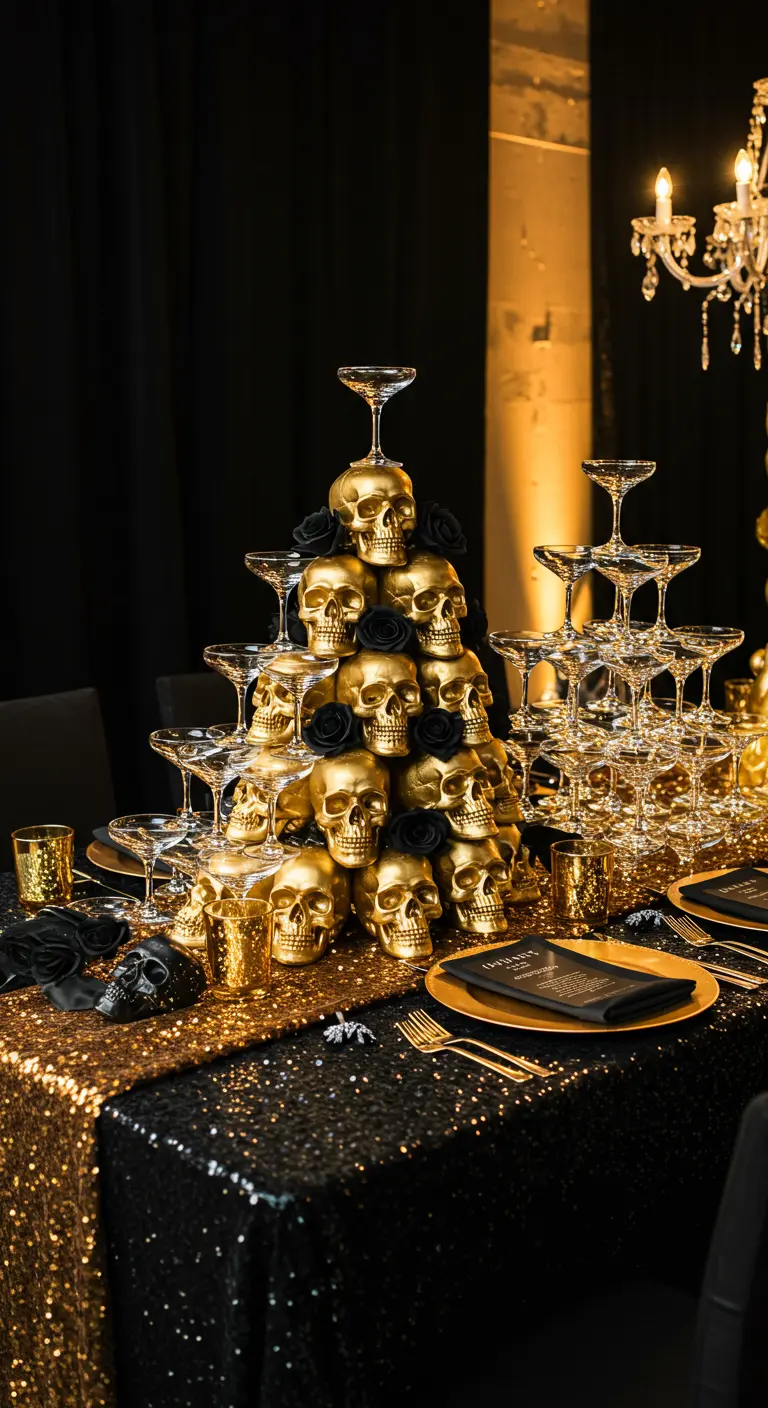 Ein Turm aus goldenen Totenköpfen neben einer Champagner-Pyramide auf einem Pailletten-Tischläufer.