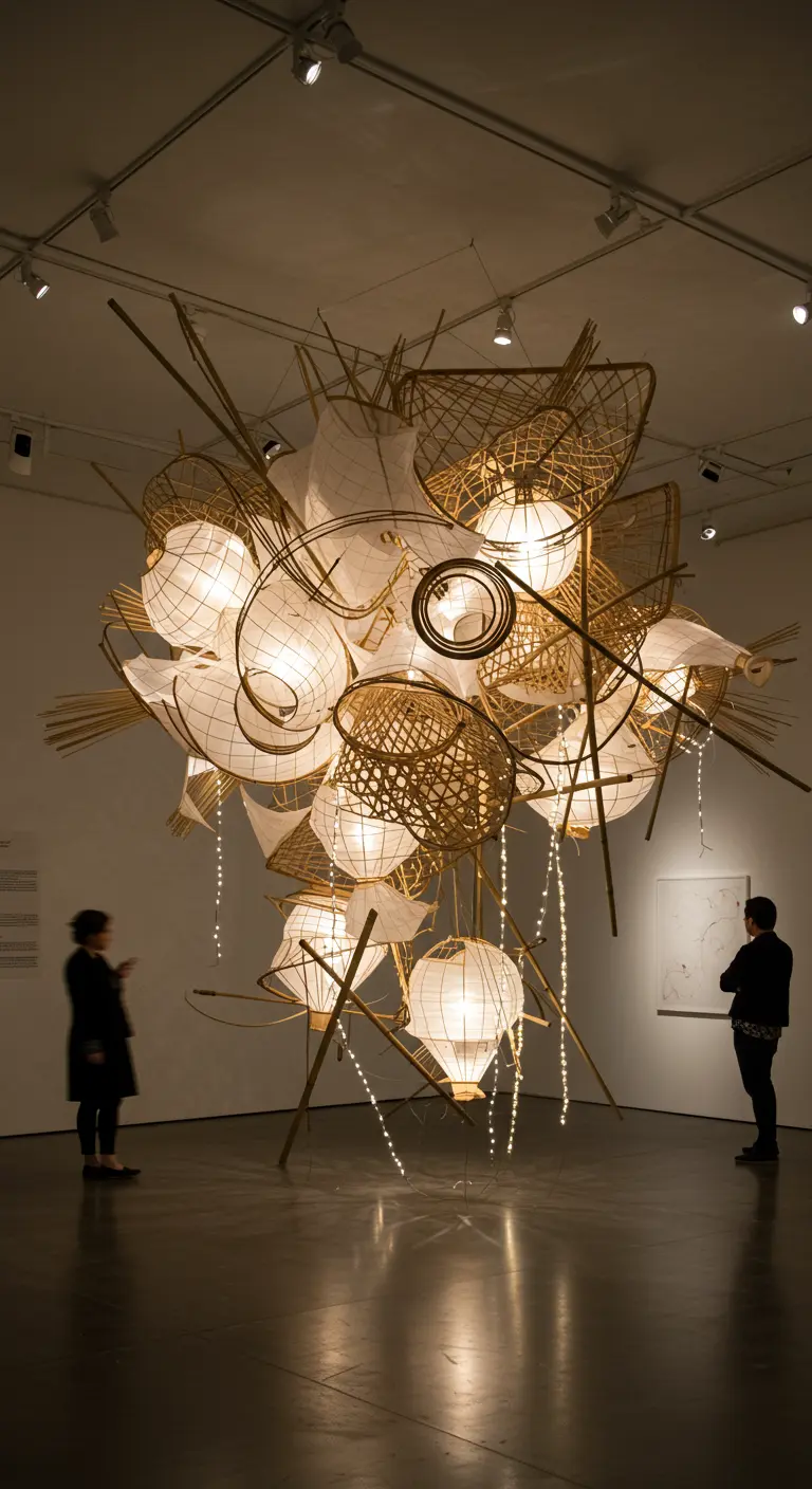 Eine große, abstrakte Skulptur aus Papierlampions, Bambus und Korbgeflecht in einer Galerie.