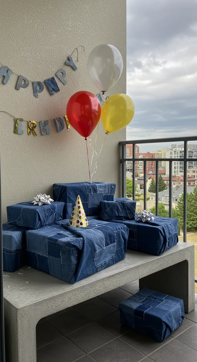 In quadratische Jeansflicken gewickelte Geschenke auf einer Betonbank auf dem Balkon.