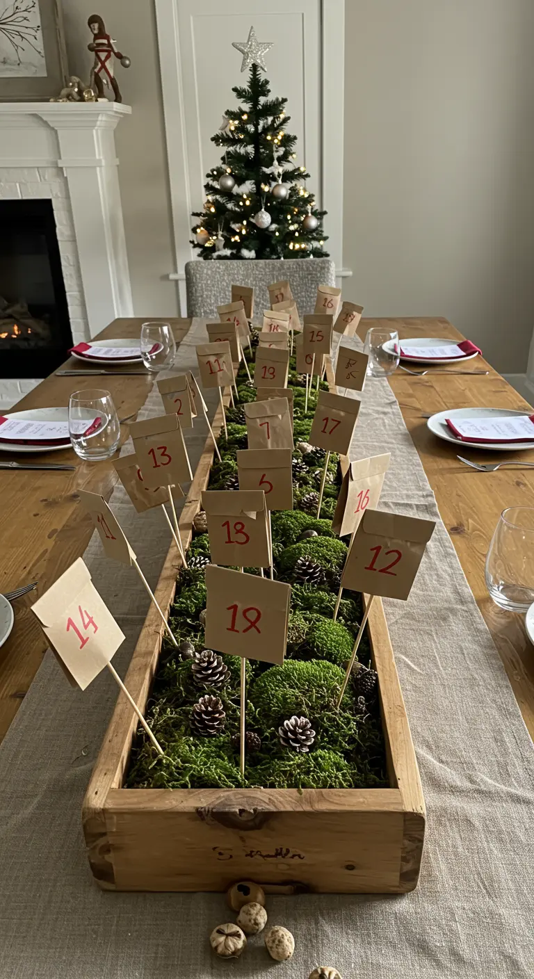 DIY-Adventskalender in einer mit Moos gefüllten Holzkiste als Tischdeko.