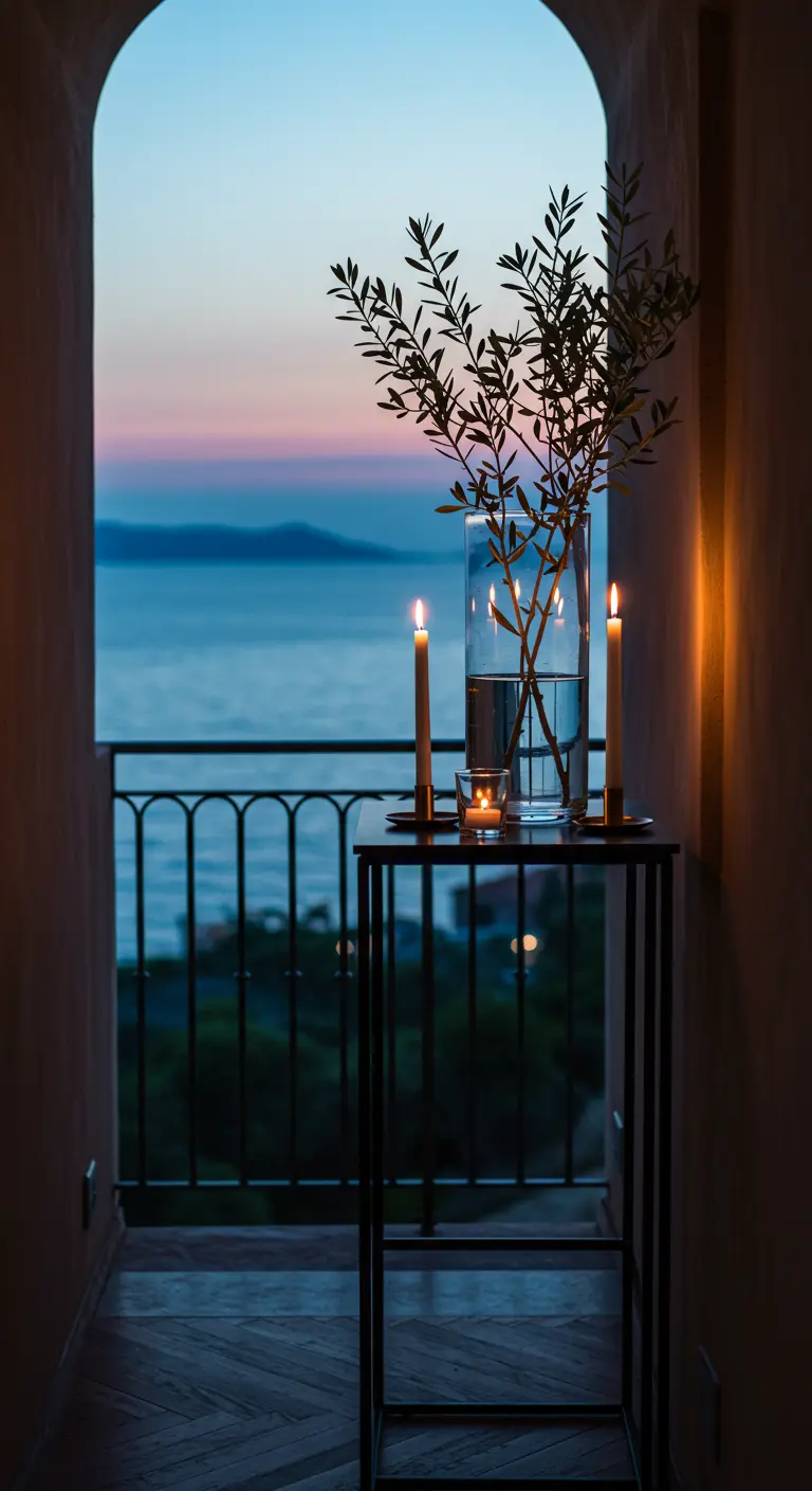 Ein Arrangement aus Olivenzweigen in einer Vase und zwei Kerzen auf einem Tisch in einem Fensterbogen