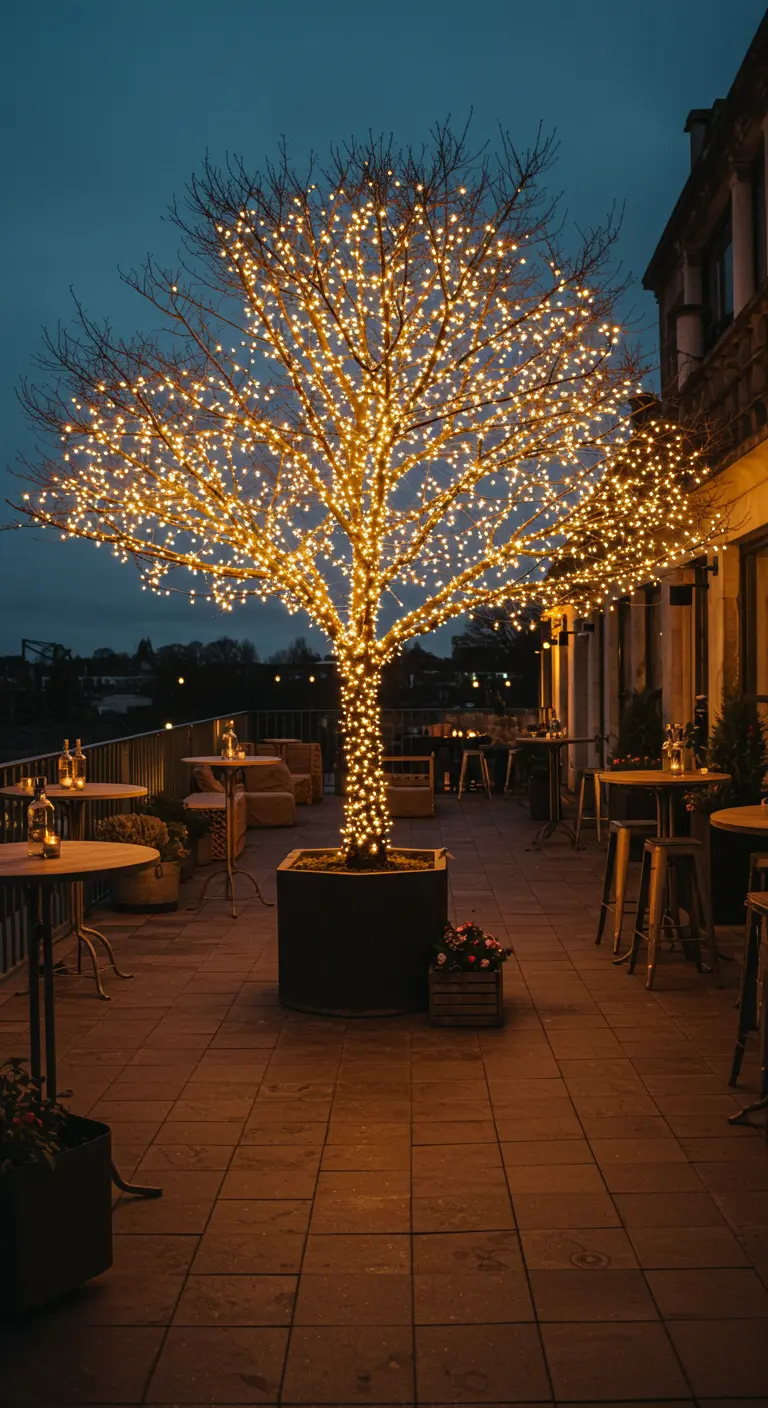 Ein kahler Baum, dessen Stamm und Äste dicht mit warmweißen Lichterketten umwickelt sind