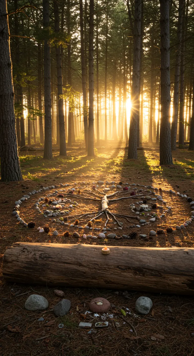 Ein Mandala in Form eines Baumes aus Ästen und Steinen im sonnendurchfluteten Wald.
