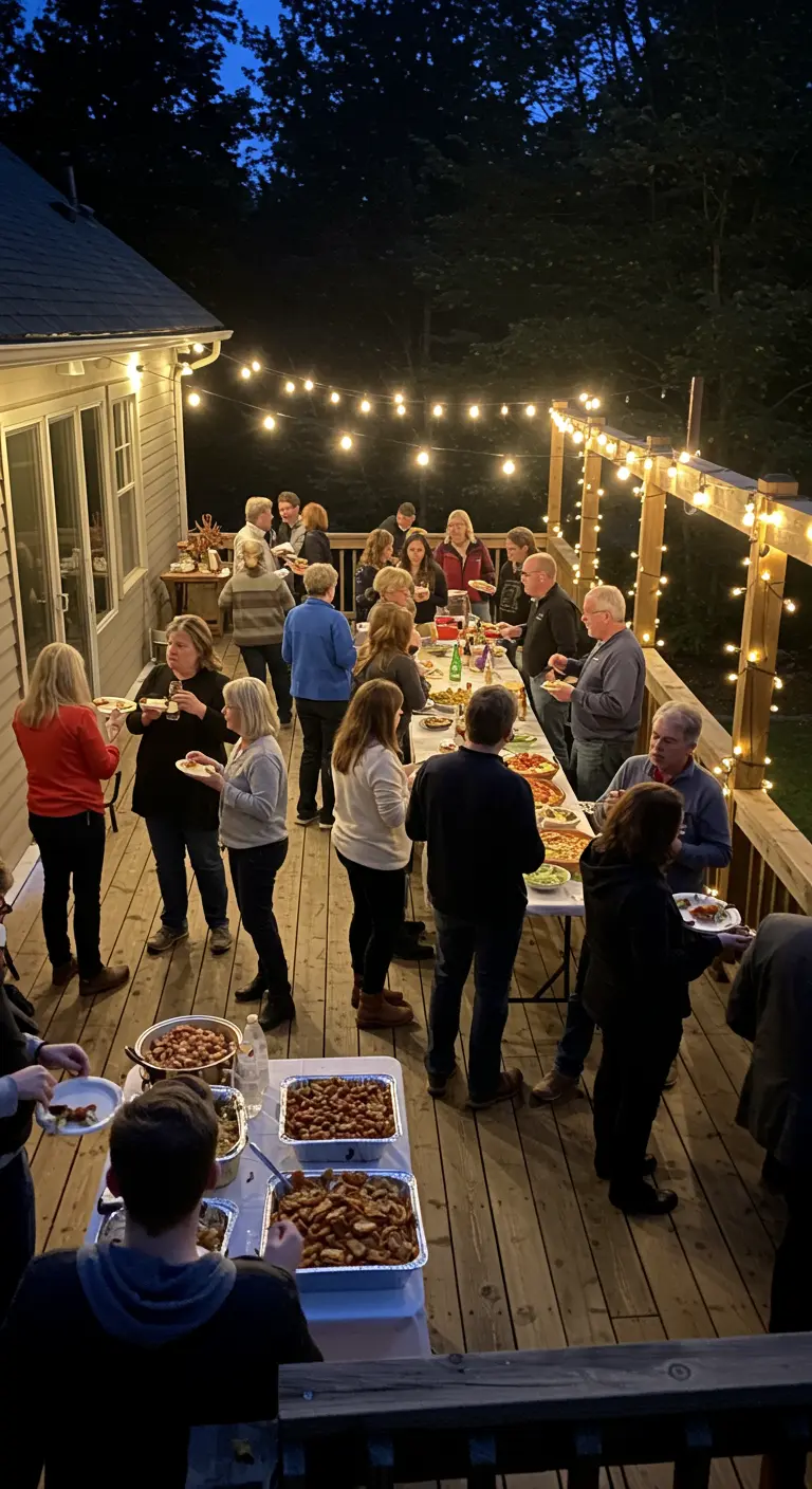 Gäste bei einer Party auf einer Holzterrasse, die von Lichterketten eingerahmt ist