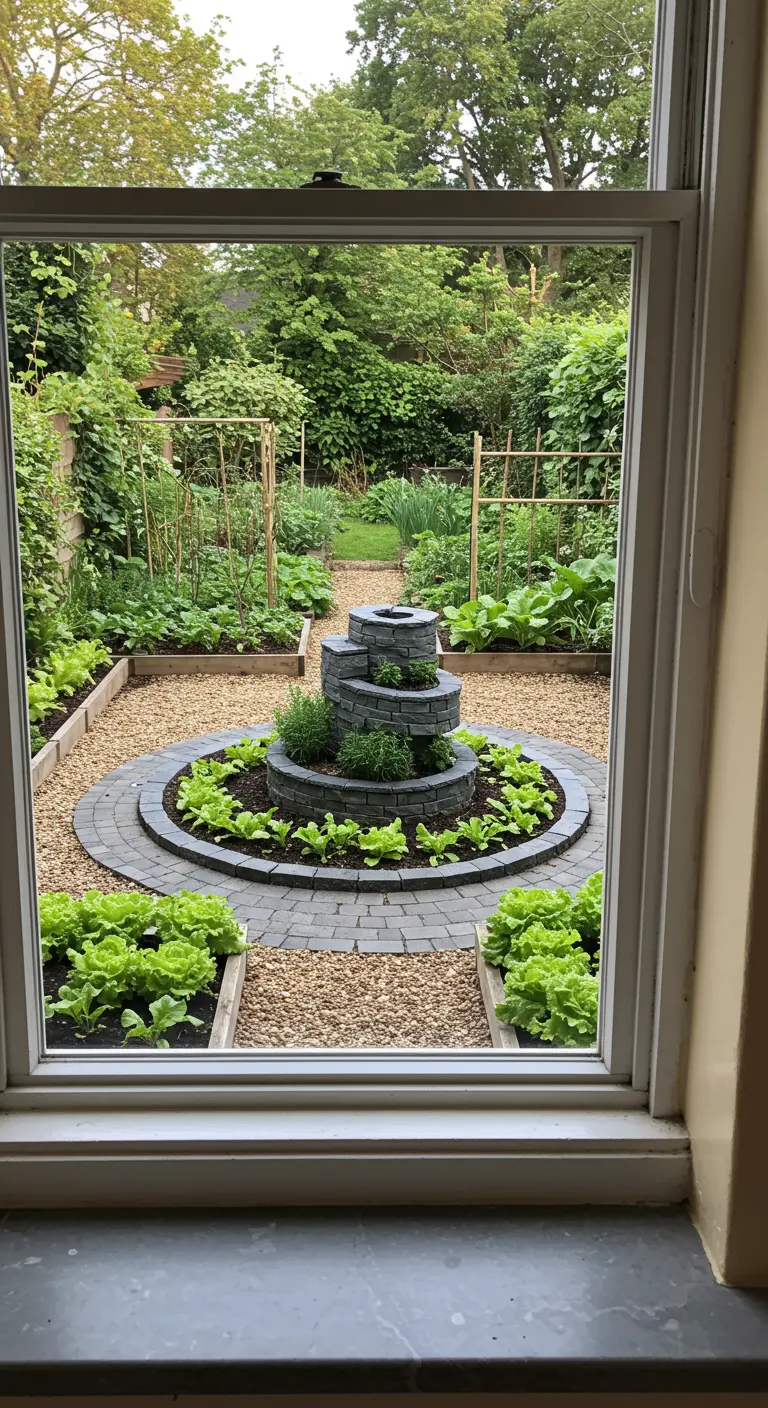 Blick aus einem Fenster auf einen Gemüsegarten mit einer zentralen Kräuterspirale.