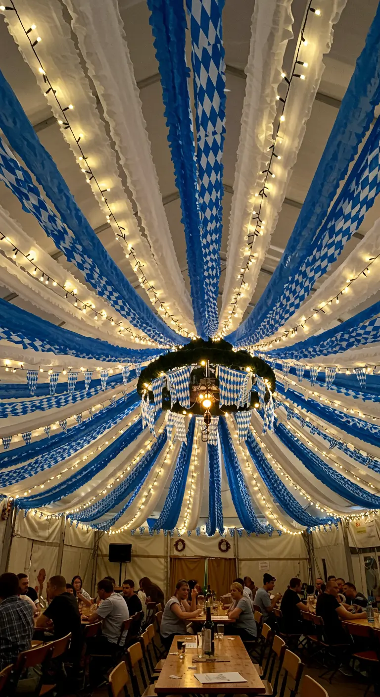Zeltdecke, die sternförmig mit blauen und weißen Krepppapierbahnen und Lichterketten dekoriert ist.