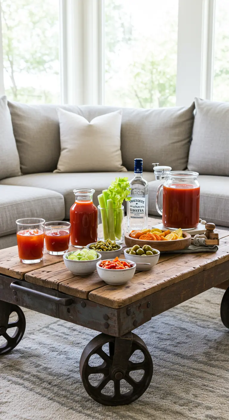 Niedriger industrieller Couchtisch auf Rädern, arrangiert als Bloody-Mary-Bar im Wohnzimmer